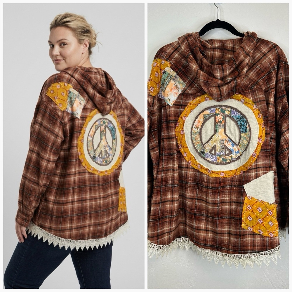Peace Fall Autumn Patchwork Flannel Hoodie Shirt Size 3X Thanksgiving Halloween